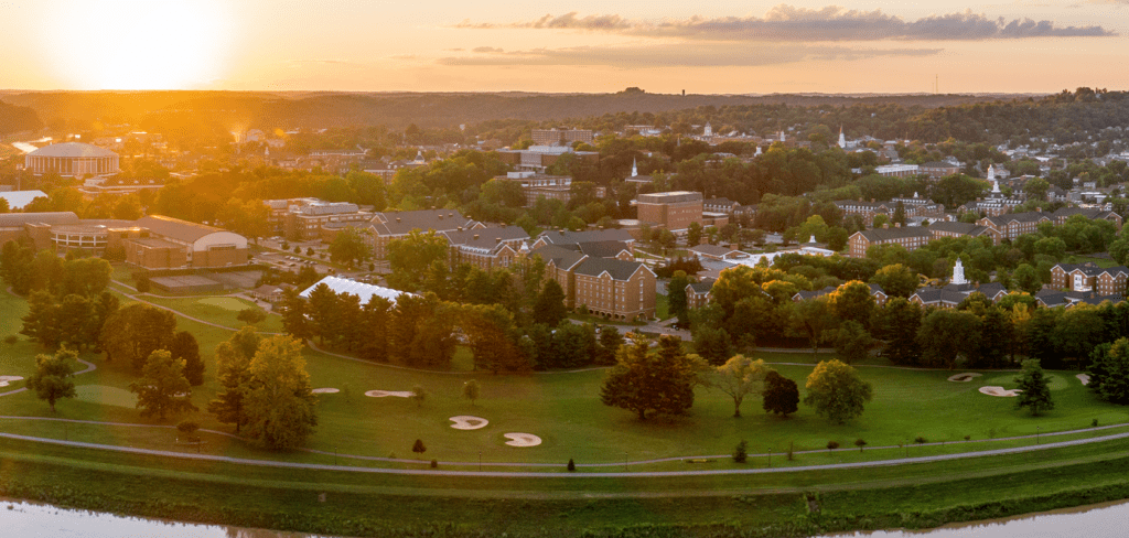 Drone photo of Ohio University Athens Campus in summer. Photo By Ben Siegel