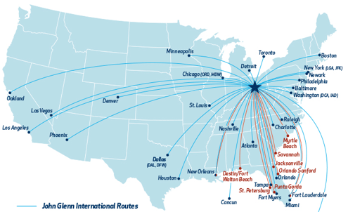 Direct flight routes to CMH airport in Columbus, Ohio